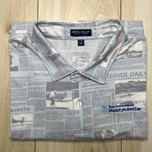 Peter Millar Crown Crafted Newspaper All-Over Pattern Polo Shirt Mens 2XL Blue